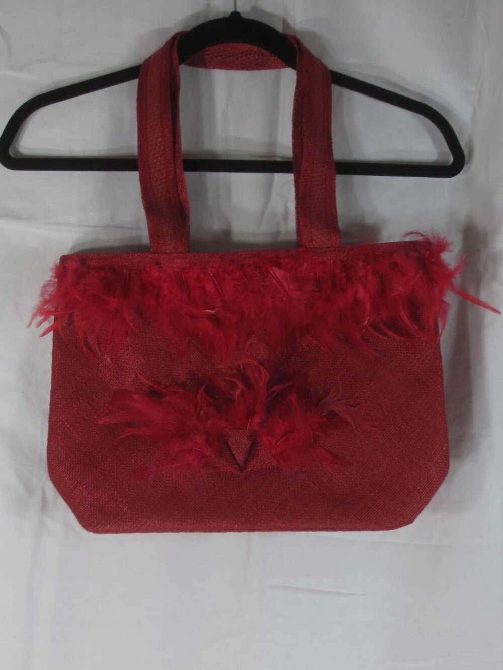 90s Something Special Bag Red Straw Feathered Lined Vintage Shoulder Purse Tote